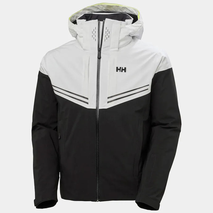 Black and white jacket with a brand logo on a light gray background